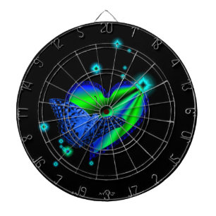 Rainbow Heart with Stars and Butterfly on black Dartboard