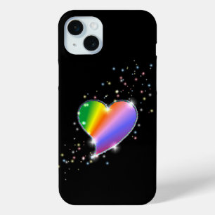 Rainbow Heart with Stars on black iPhone 15 Mini Case