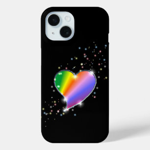 Rainbow Heart with Stars on black iPhone 15 Case