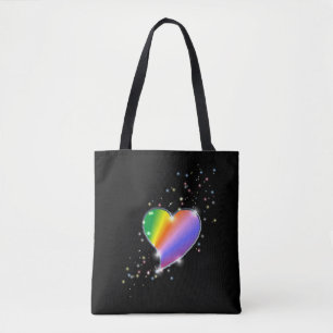 Rainbow Heart with Stars on black Tote Bag
