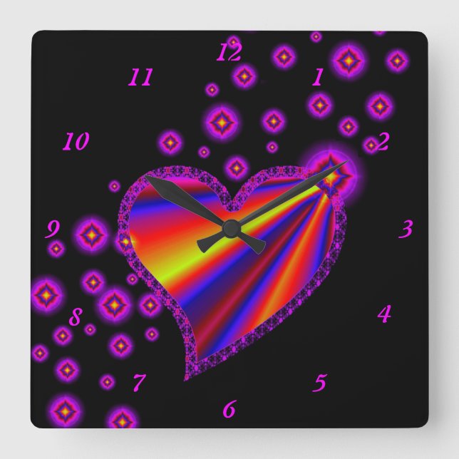 Rainbow Heart with Stars Square Wall Clock (Front)