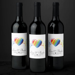 Rainbow Heartbeat   Abstract Scribble Heart Napkin Wine Label