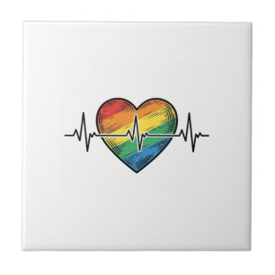 Rainbow Heartbeat Heart Vintage Engraving Design_1 Ceramic Tile