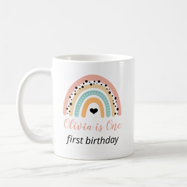 Rainbow & Hearts 1st Birthday Party Coffee Mug (Left)