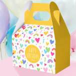Rainbow Hearts 1st Birthday Party Name Yellow Favour Box<br><div class="desc">Celebrate the magic of turning one with these cute and colourful favour boxes! A fun template, with the phrase "Happy Birthday" in trendy script lettering, and personalised with your child's name. Colourful rainbows, hearts, stars, and the all-important birthday age are repeated throughout the design. Perfect for celebrating kids' 1st, 2nd,...</div>