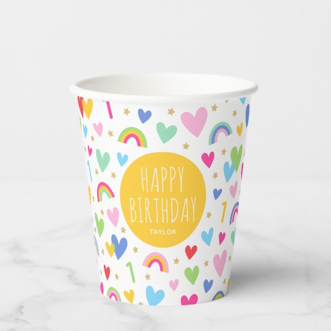 Rainbow Hearts 1st Birthday Party Name Yellow Paper Cups (Front)