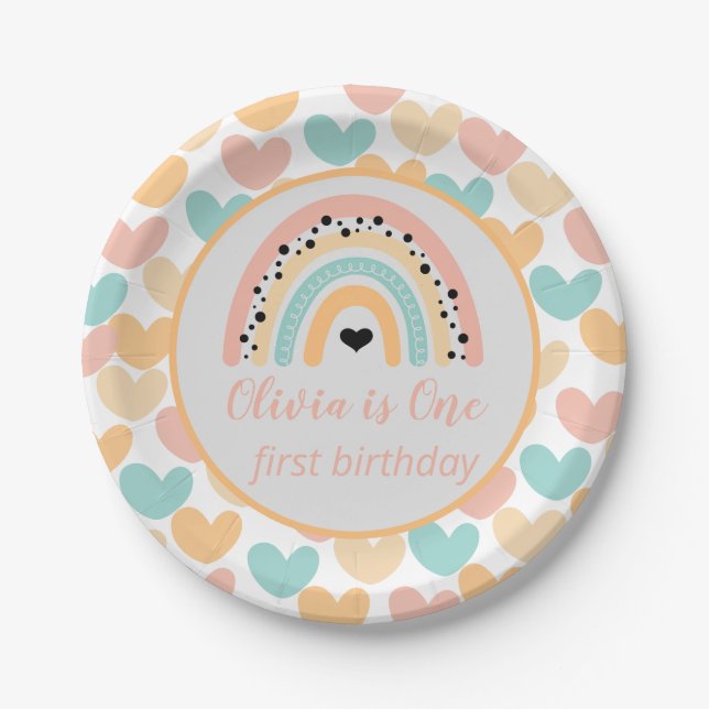 Rainbow & Hearts 1st Birthday Party Paper Plate (Front)
