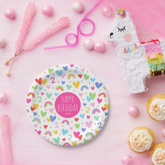 Rainbow Hearts 2nd Birthday Party Custom Name Pink Paper Plate (Party)