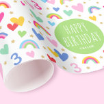Rainbow Hearts 3rd Birthday Custom Name Green Wrapping Paper<br><div class="desc">Celebrate the magic of turning three with this cute and colourful wrapping paper! A fun template, with the phrase "Happy Birthday" in trendy script lettering, and personalised with your child's name. Colourful rainbows, hearts, stars, and the all-important birthday age are repeated throughout the pattern. Perfect for celebrating kids' 1st, 2nd,...</div>