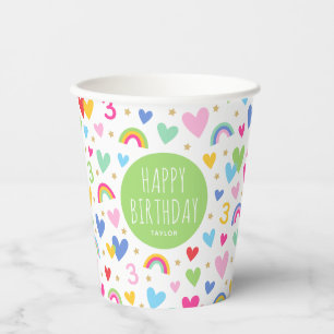Rainbow Hearts 3rd Birthday Party Green Custom Paper Cups