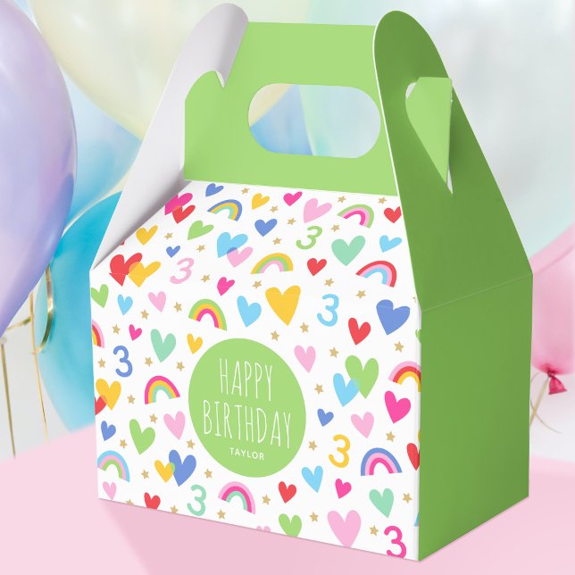 Rainbow Hearts 3rd Birthday Party Name Green Favour Box (Creator Uploaded)