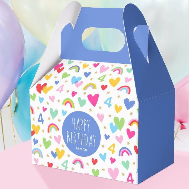 Rainbow Hearts 4th Birthday Party Name Blue Favour Box (Creator Uploaded)