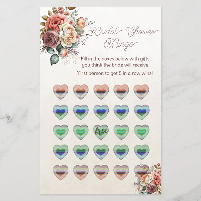 Rainbow Hearts and Roses Bridal Shower Bingo Flyer (Front)