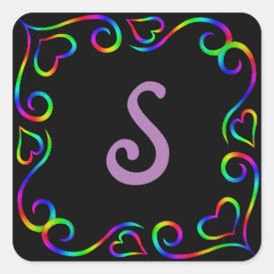 Rainbow hearts and swirls Love on black Square Sticker