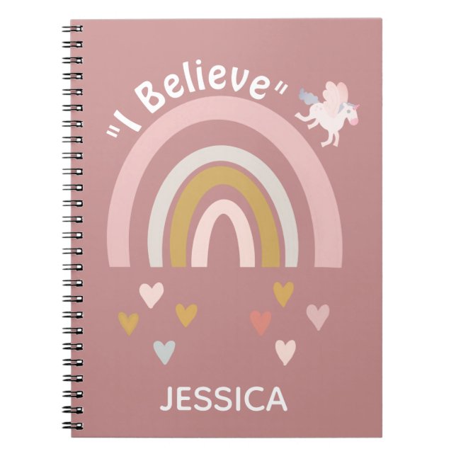 Rainbow Hearts Believe in Unicorns Personalised Notebook (Front)