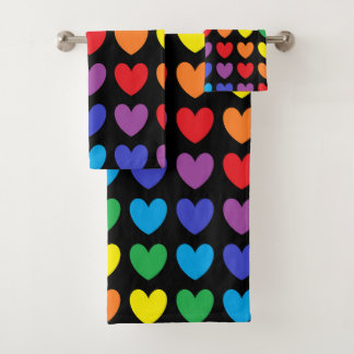 Rainbow Hearts Black Bath Towel Set