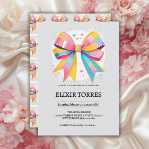 Rainbow Hearts Bow Baby Shower Invitation