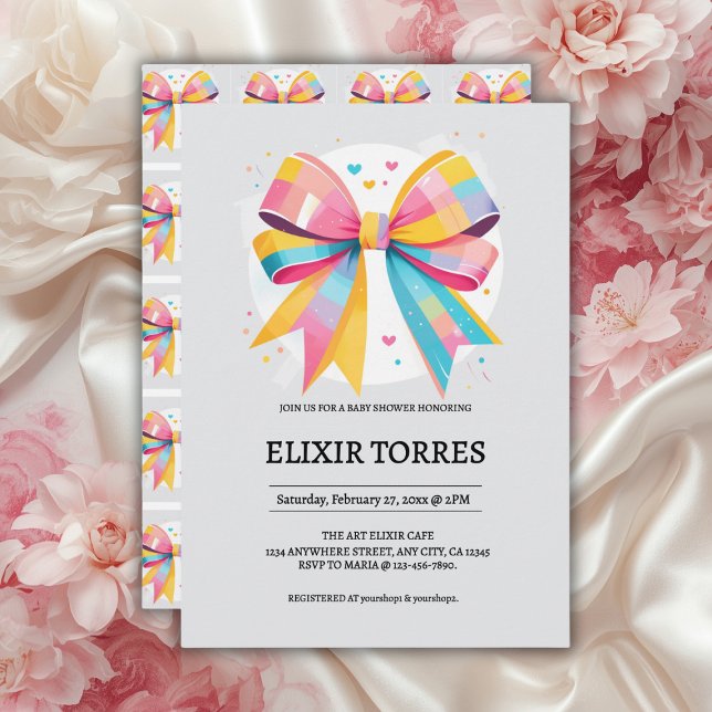 Rainbow Hearts Bow Baby Shower Invitation (Creator Uploaded)