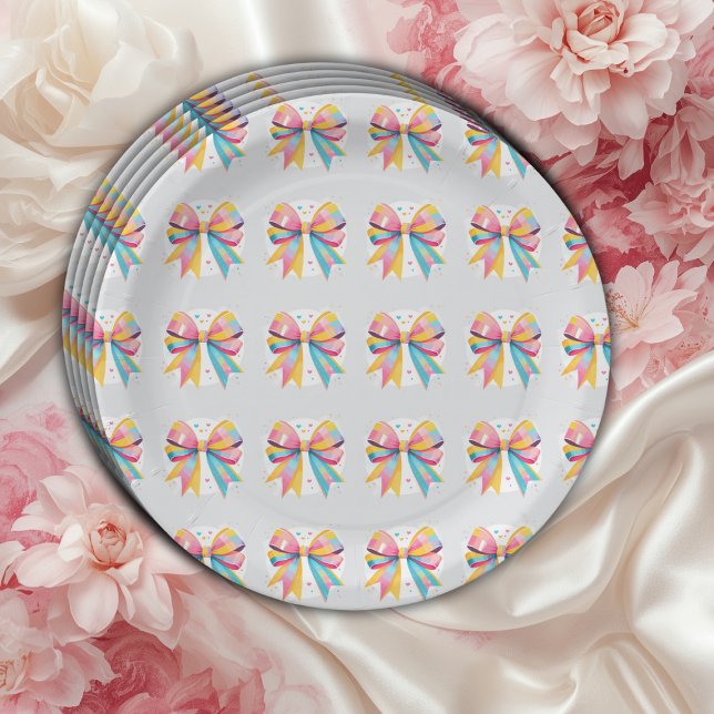 Rainbow Hearts Bow Baby Shower Paper Plate (Creator Uploaded)