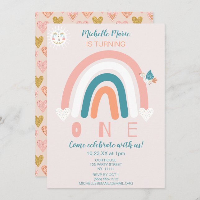 Rainbow Hearts First Birthday Invitation (Front/Back)