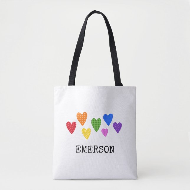 Rainbow Hearts Kids Baby NAME Love Art Fun Tote Bag (Front)