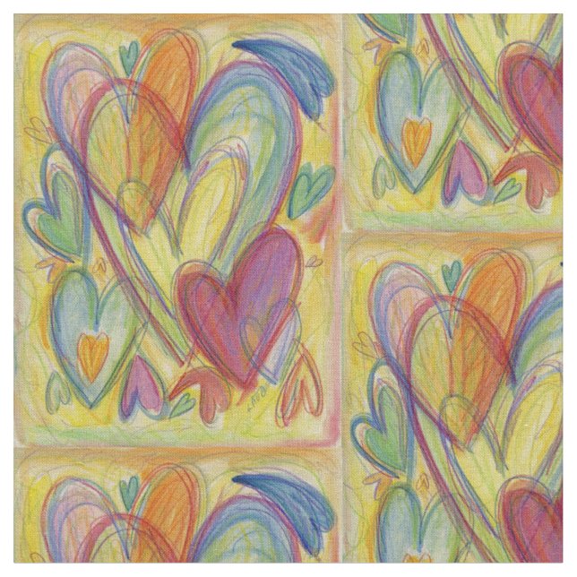 Rainbow Hearts Love Art Fabric Material (Close Up)