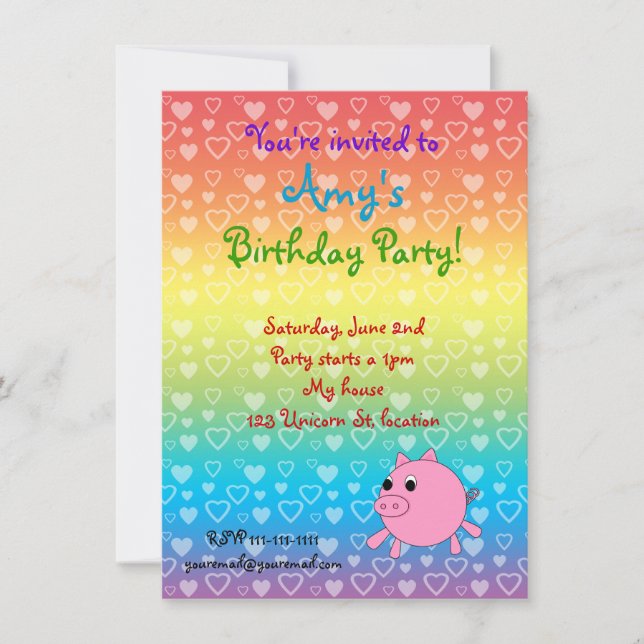 Rainbow hearts pig birthday invitations (Front)