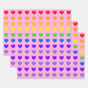 Rainbow Hearts Pink Background Wrapping Paper Sheet