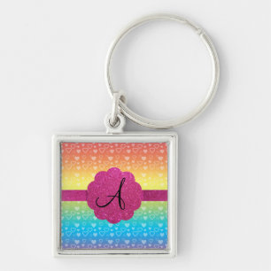 Rainbow hearts pink glitter monogram key ring