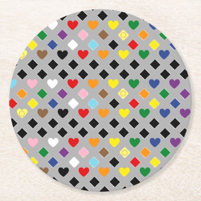 Rainbow Hearts Round Paper Coaster (Front)