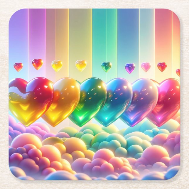Rainbow Hearts Square Paper Coaster (Front)