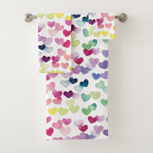 Rainbow hearts watercolor bath towel set
