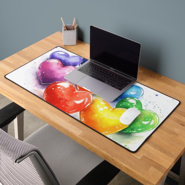 Rainbow Hearts Watercolour Digital Art Desk Mat (Office 2)