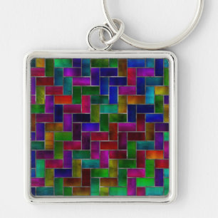 Rainbow Herringbone Brick Stained Glass Window Key Ring