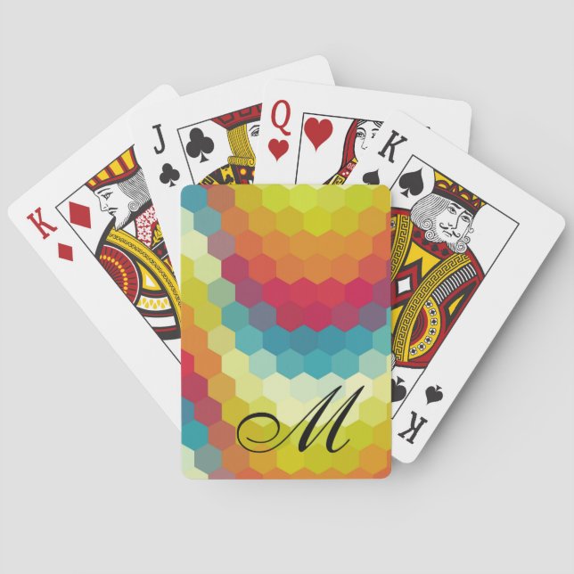 Rainbow Hexagon Pattern Monogram Playing Cards (Back)