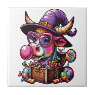 Rainbow Highland Cow Halloween Ceramic Tile