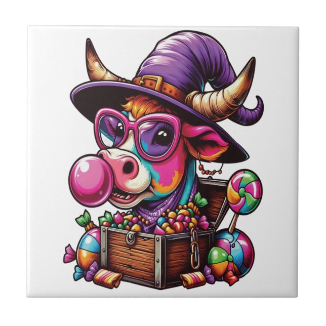 Rainbow Highland Cow Halloween Ceramic Tile (Front)