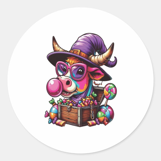 Rainbow Highland Cow Halloween Classic Round Sticker (Front)