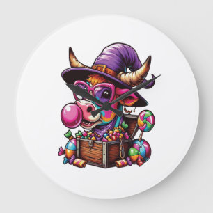 Rainbow Highland Cow Halloween Large Clock