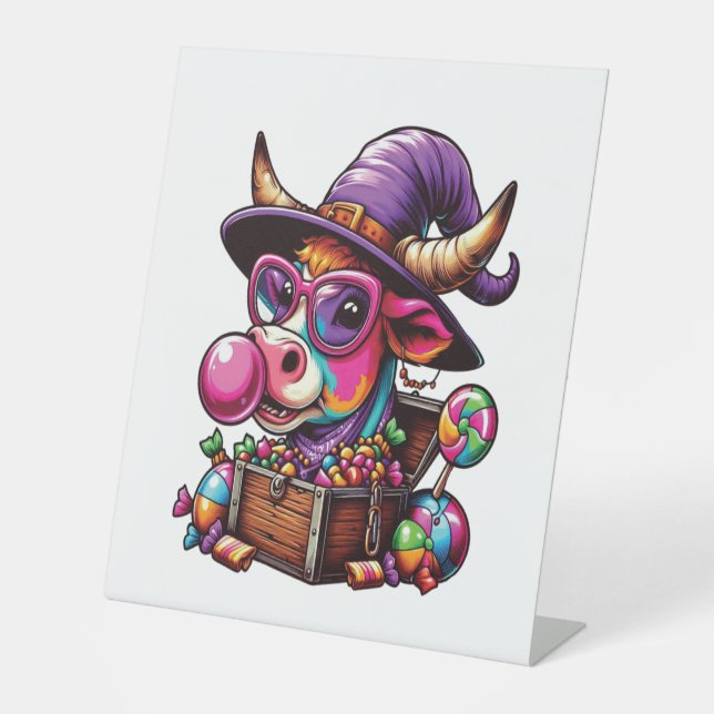 Rainbow Highland Cow Halloween Pedestal Sign (Front)