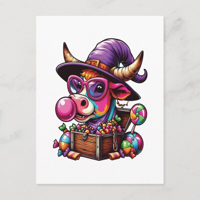 Rainbow Highland Cow Halloween Postcard (Front)