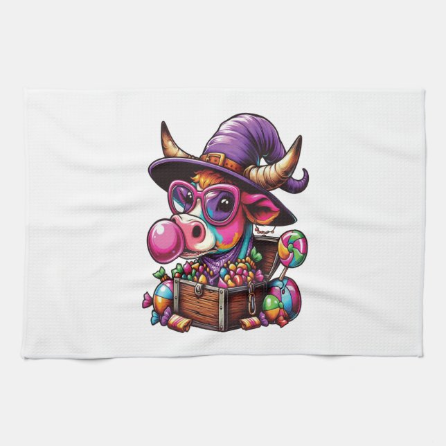 Rainbow Highland Cow Halloween Tea Towel (Horizontal)
