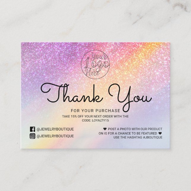 Rainbow Holograph Glitter Ombre Customer Thank You Business Card (Front)