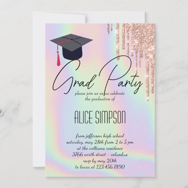 Rainbow Holographic  Drip Graduation Invitation (Front)