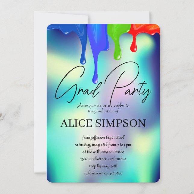 Rainbow Holographic  Drip Graduation Invitation (Front)