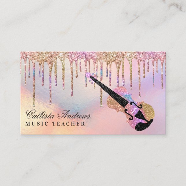 Rainbow Holographic Glitter Drips Music Teacher Business Card (Front)
