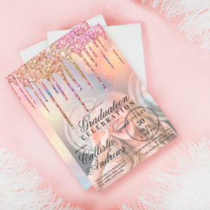 Rainbow Holographic Glitter Drips Photo Graduation Invitation