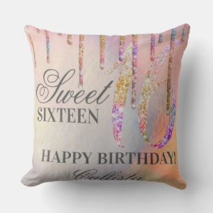 Rainbow Holographic Glitter Drips Sweet 16 Birthda Cushion