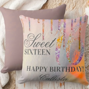 Rainbow Holographic Glitter Drips Sweet 16 Birthda Cushion