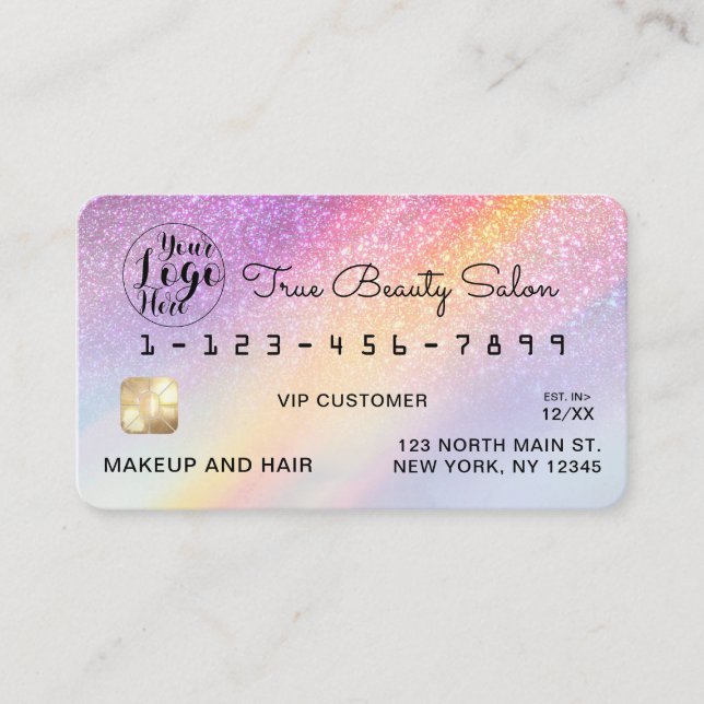Rainbow Holographic Glitter Ombre Logo Credit Business Card (Front)
